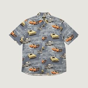 RedHead Mens Muscle Car Novelty Print‎ Button Down Shirt Blue Large 100% Cotton